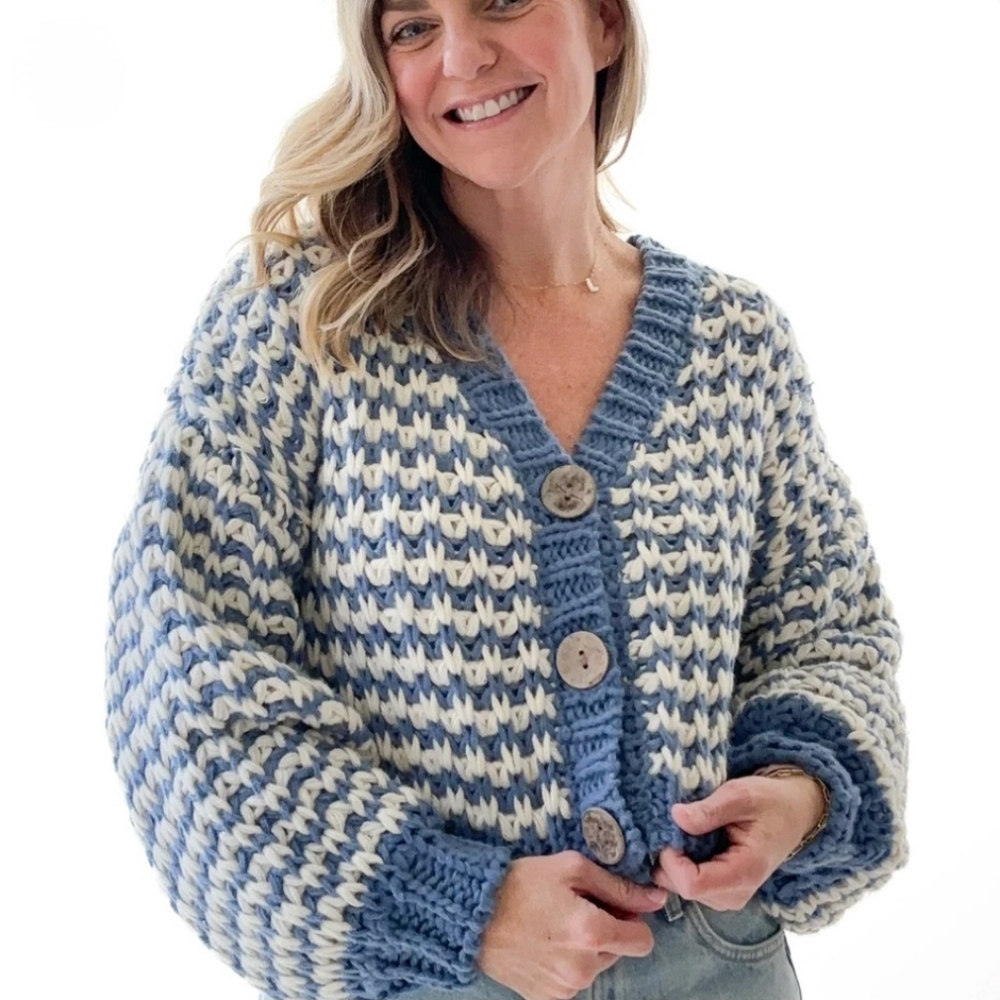 Striped Birdseye Chunky Knit Button Front Cardigan